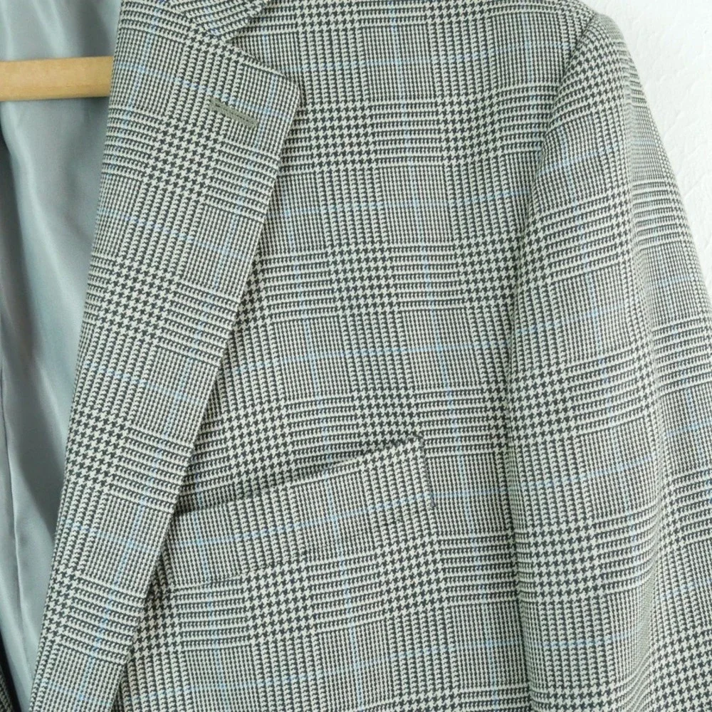 Ralph Ralph Lauren Silk Wool Glen Plaid Sport Coat Blazer Grey Blue 40L Preppy